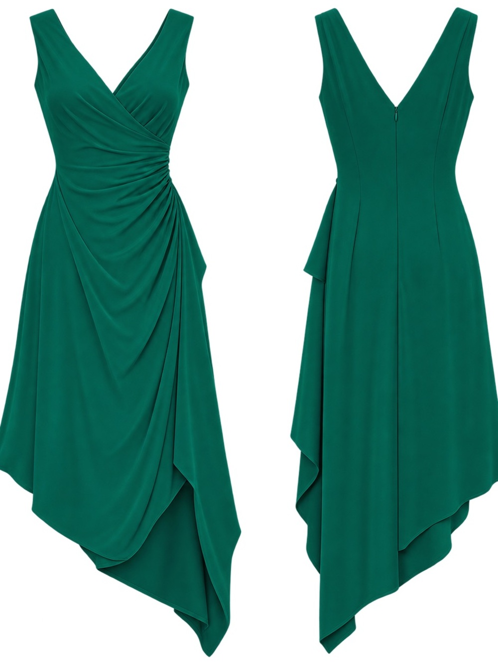Elegant Green Asymmetric Draped V-Neck Dress